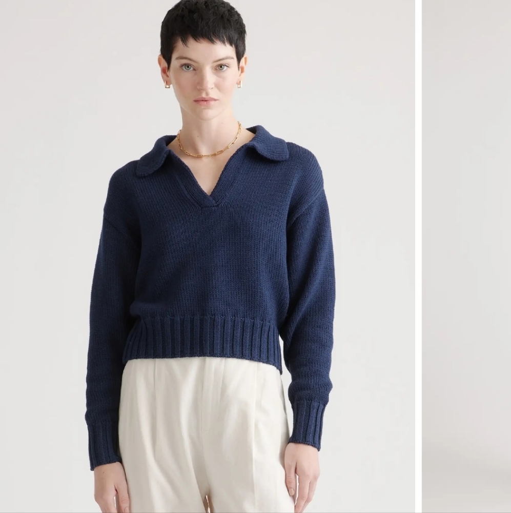 Quince Navy Organic Cropped Cotton Polo